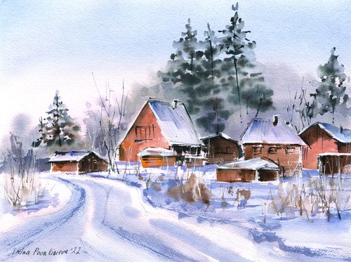 Winter in the country original watercolor painting with snow and sunset , medium format artwork on paper by Irina Povaliaeva