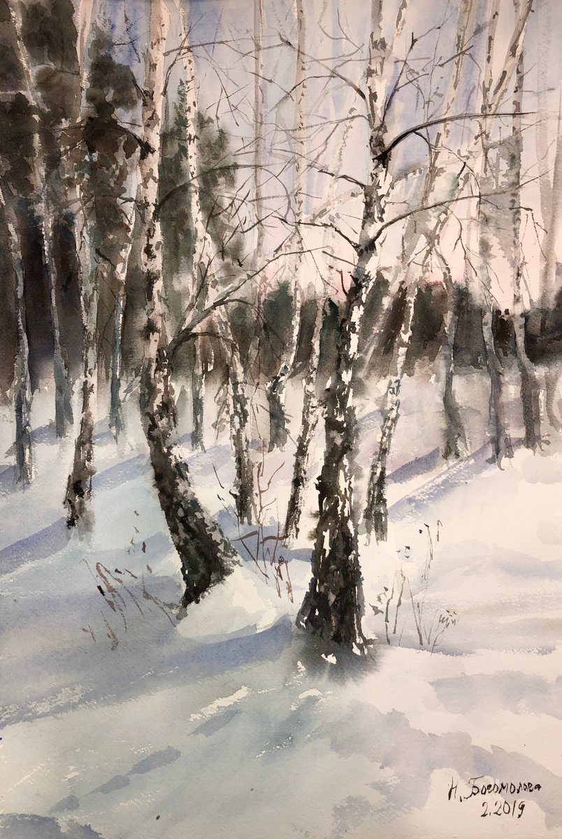 Birch Tree Grove. Winter landscape - watercolor monochrome impressionistic by Nadezhda Bogomolova