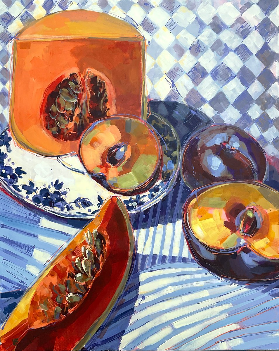 Expressive Still Life Acrylic Painting By Volha Belevets, 29 X 36", Pumpkin And Plums, Original Artwork