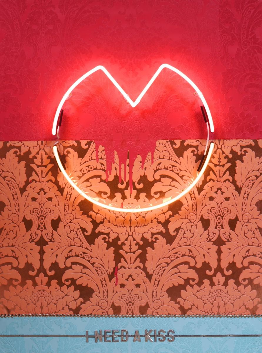 Urban And Pop Abstract Sculpture By Dangerous Minds Artists, 31 X 43, I Need A Kiss, Original Artwork