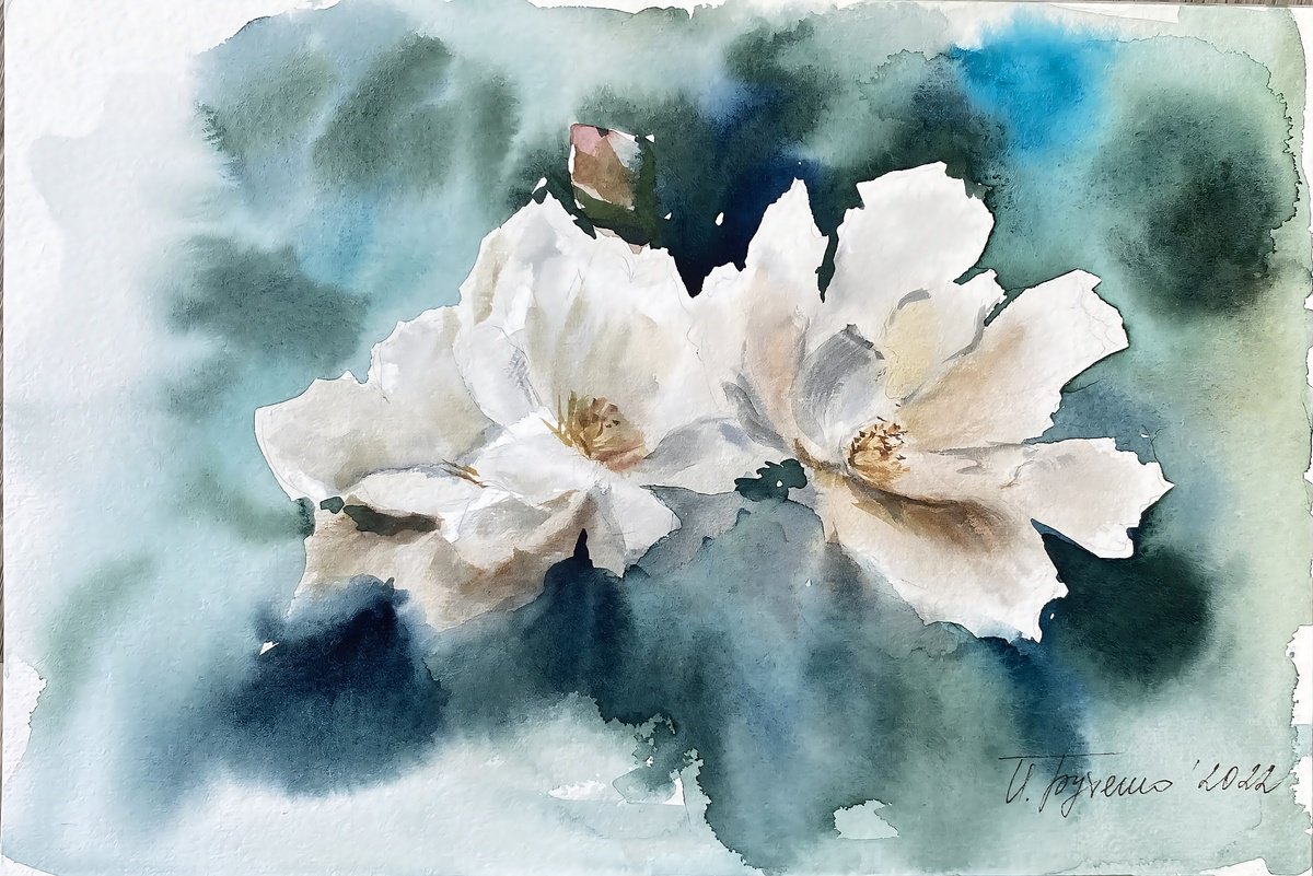 Illustrative Watercolour , White Roses By Natalia Butenko, 12 X 8, Artwork For Sale On Artfinder