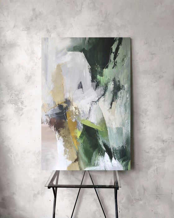 "Green Glory 5" Dark green gray abstract art
