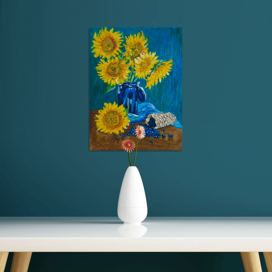 Still life Sunflowers and Blueberries... /  ORIGINAL PAINTING