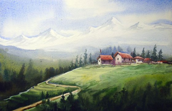 Himalayan Peaks & Landscape - Watercolor on Paper painting