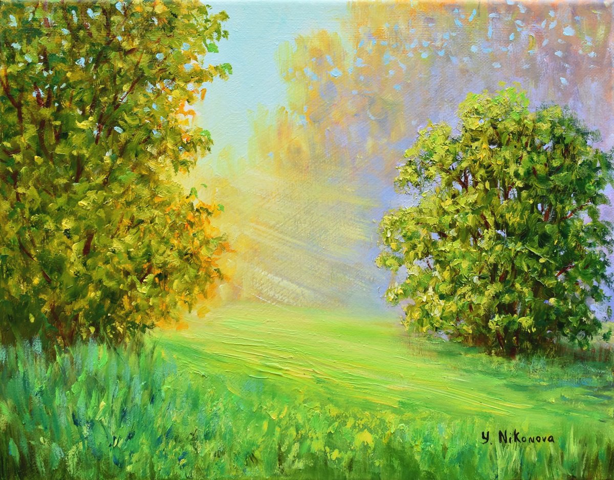 Impressionistic Landscape Oil Painting By Yulia Nikonova, 14 X 11", Morning Sunshine, Original Artwork