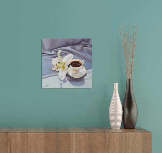 "A small cup of aromatic coffee. "  still life summer  white liGHt original painting  GIFT (2021)