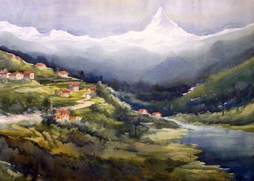 Beauty of Himalaya - Watercolor on Paper by Samiran Sarkar