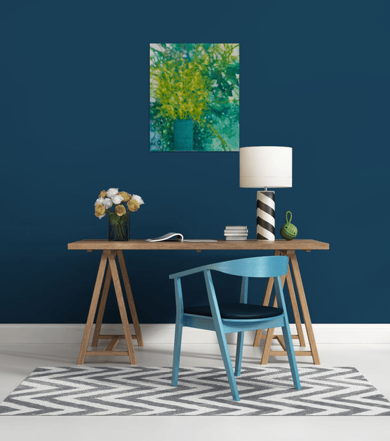 Green, turquoise and yellow bouquet Floral Fine art Still life Home deco Interior design Wall art painting