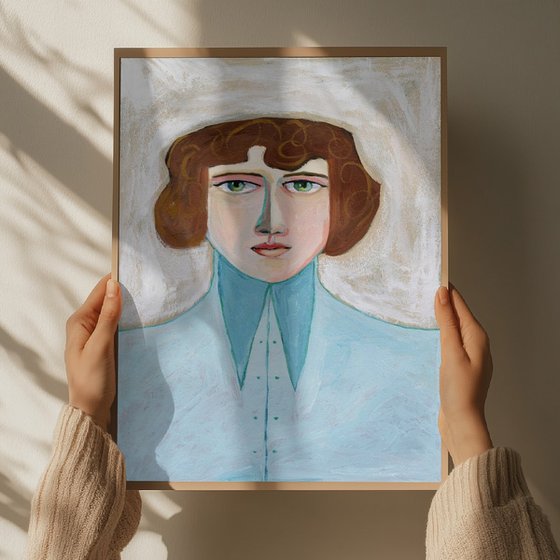 The woman with the high collared blue shirt