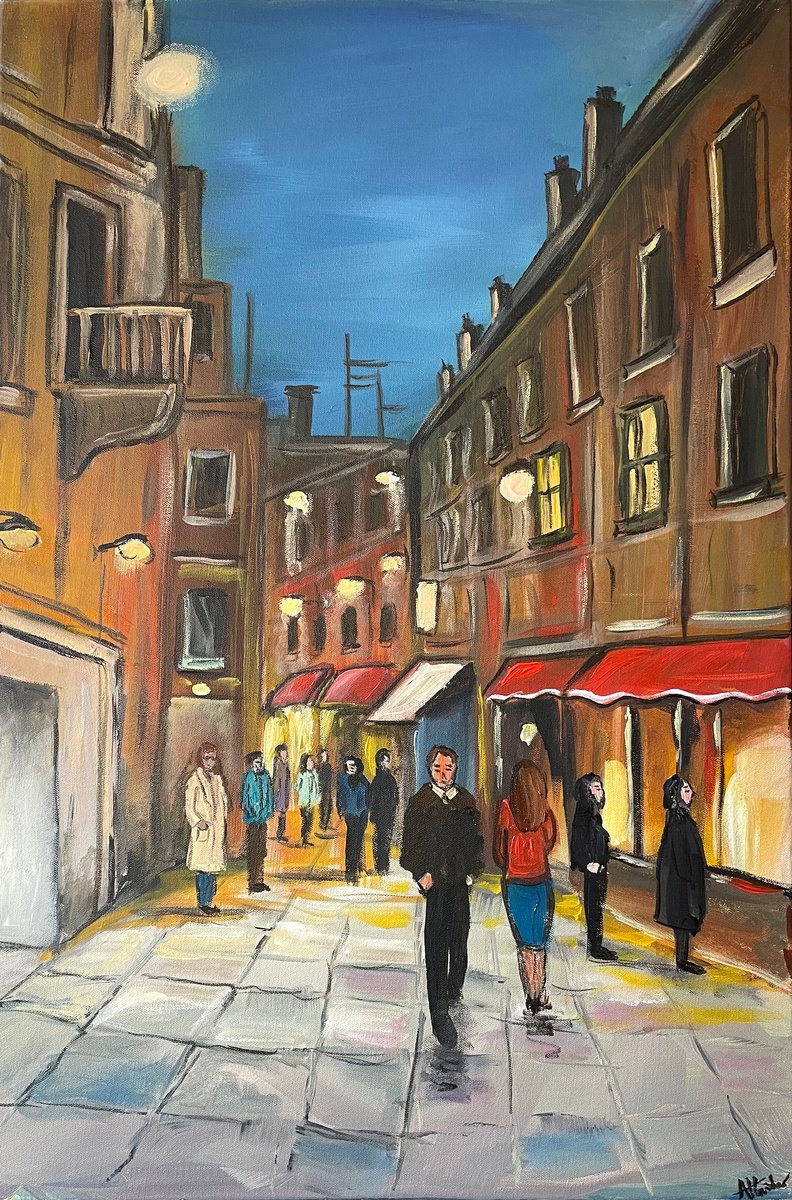 Impressionistic Cityscapes Acrylic Painting By Aisha Haider, 20 X 30, Evening Walk, Original Artwork
