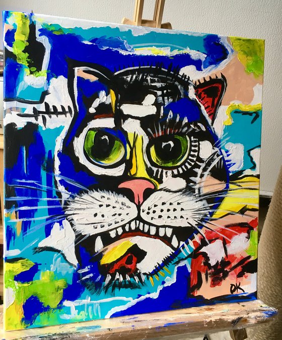 UNTITLED cat   #3 version of famous painting by Jean-Michel Basquiat.