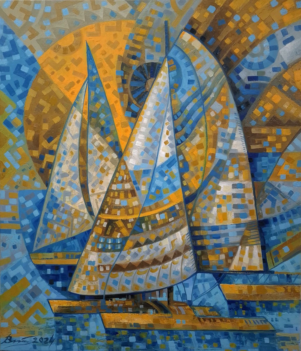 Impressionistic Landscape Oil Painting By Serhii Voichenko, 24 X 27", Sailboats On A Sunny Day, Original Artwork
