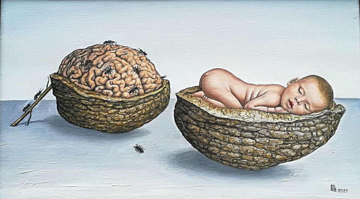 Surrealistic Portrait Oil Painting By Grigor Velev, 19 X 12, Dreaming, Original Artwork