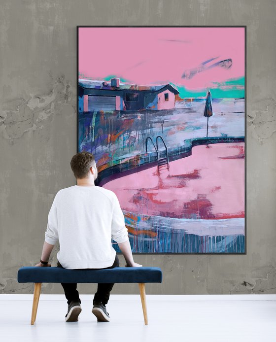 XXXL Large Painting - "Pink pool" - House - Urban - Pink - Expressionism - Landscape - Miami - Pop Art