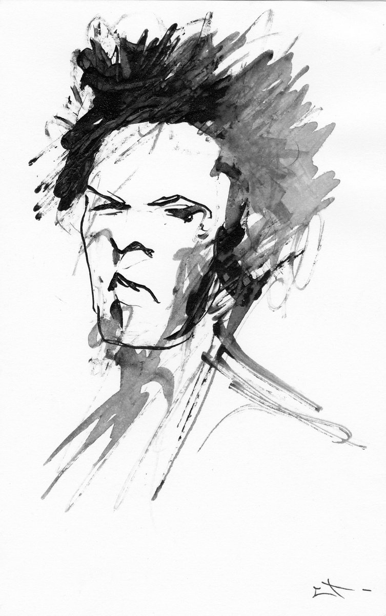 Expressive Portrait Ink Drawing By Lionel Le Jeune, 5 X 8", Punk, Original Artwork