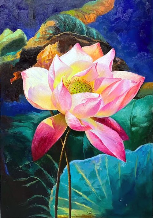 Still life oil painting:Lotus by Kunlong Wang