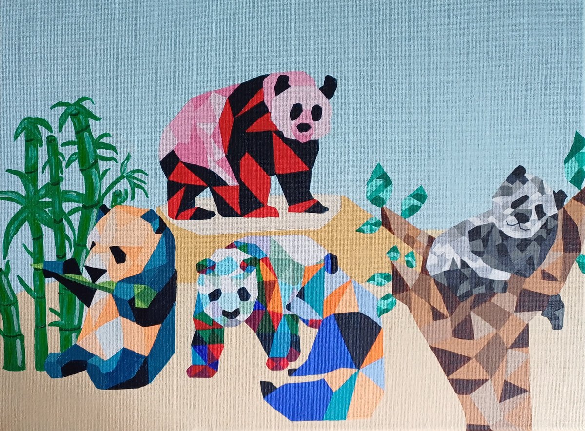 Geometric Animal Acrylic Painting By Corinne Hamer, 16 X 12, Pandas, Original Artwork