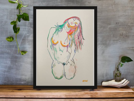 Female Nude Art Original Painting Drawing Charcoal Water Colour Nude