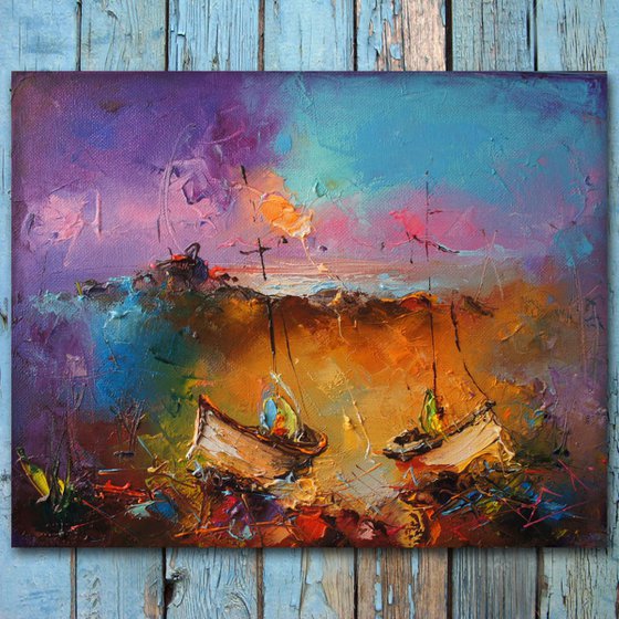 Marine landscape, oil painting, free shipping