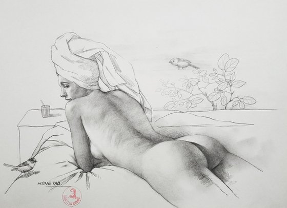 Birds and nude woman