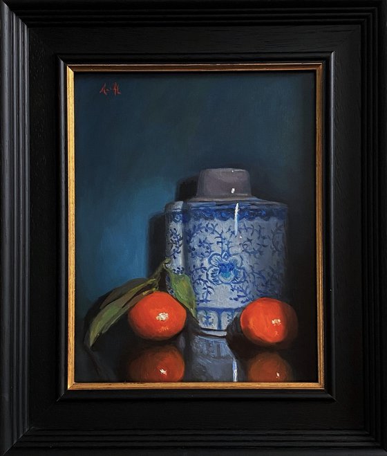 Oranges, with Antique Blue & White Ginger Vase.