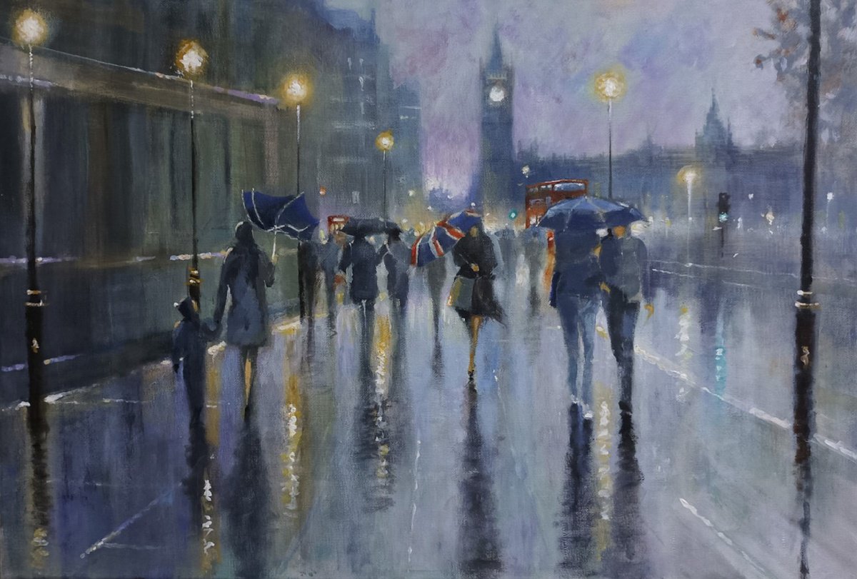 Impressionistic Cityscapes Acrylic Painting By Alan Harris, 24 X 16, London Umbrellas, Original Artwork