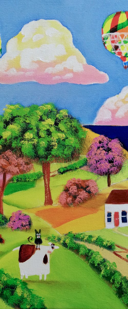 Cow and sheep whimsical naive art. by Gordon Bruce