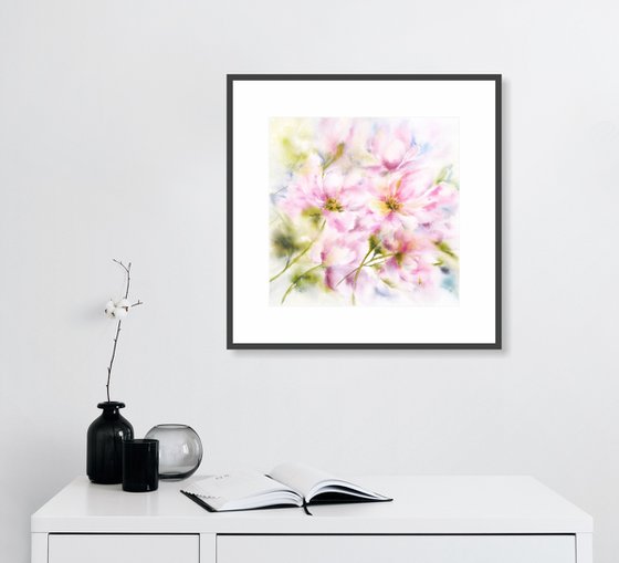 Peony bouquet. Pink loose flowers watercolor painting.