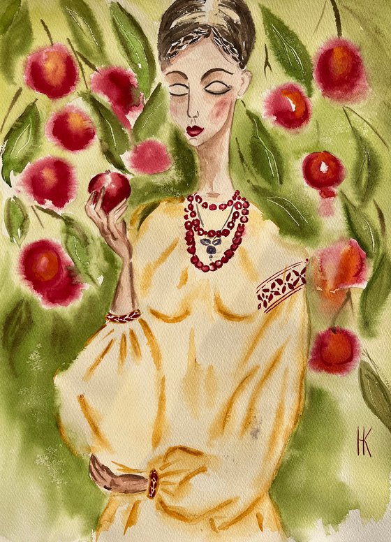 Apple from father's garden - Ukrainian woman original watercolor