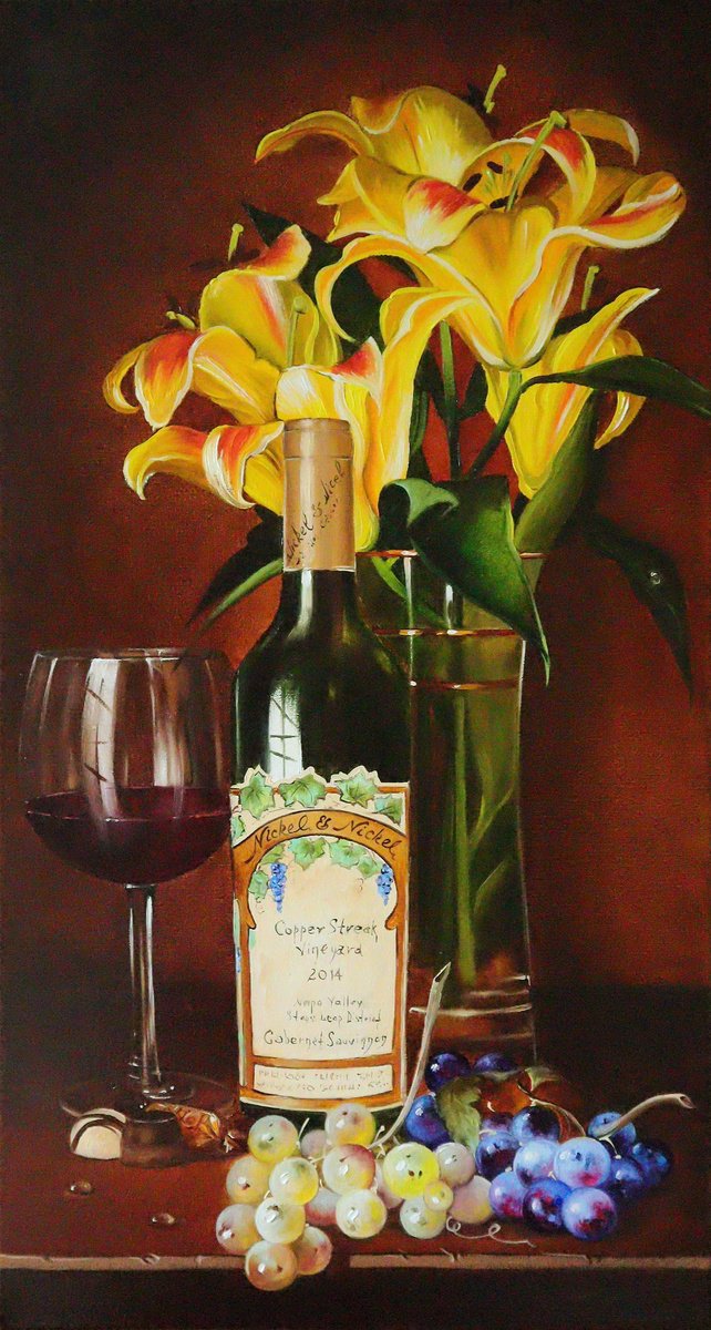 Photorealistic Oil Painting , Golden Lilies And Wine By Natalia Shaykina, 12 X 22, Artwork For Sale On Artfinder
