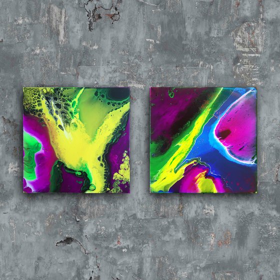 "His And Hers" - FREE USA SHIPPING + Save As A Series - Original PMS Abstract Diptych Fluid Acrylic Paintings On Canvas - 24" x 12"