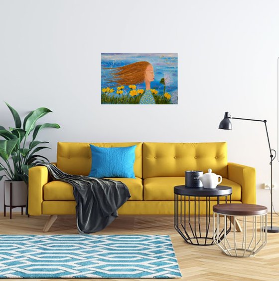 Dandelion Painting Portrait Original Art Female Portrait Painting Girl Portrait Oil Canvas Artwork Ready to Hang Home Wall Art 24 by 16" by Halyna Kirichenko