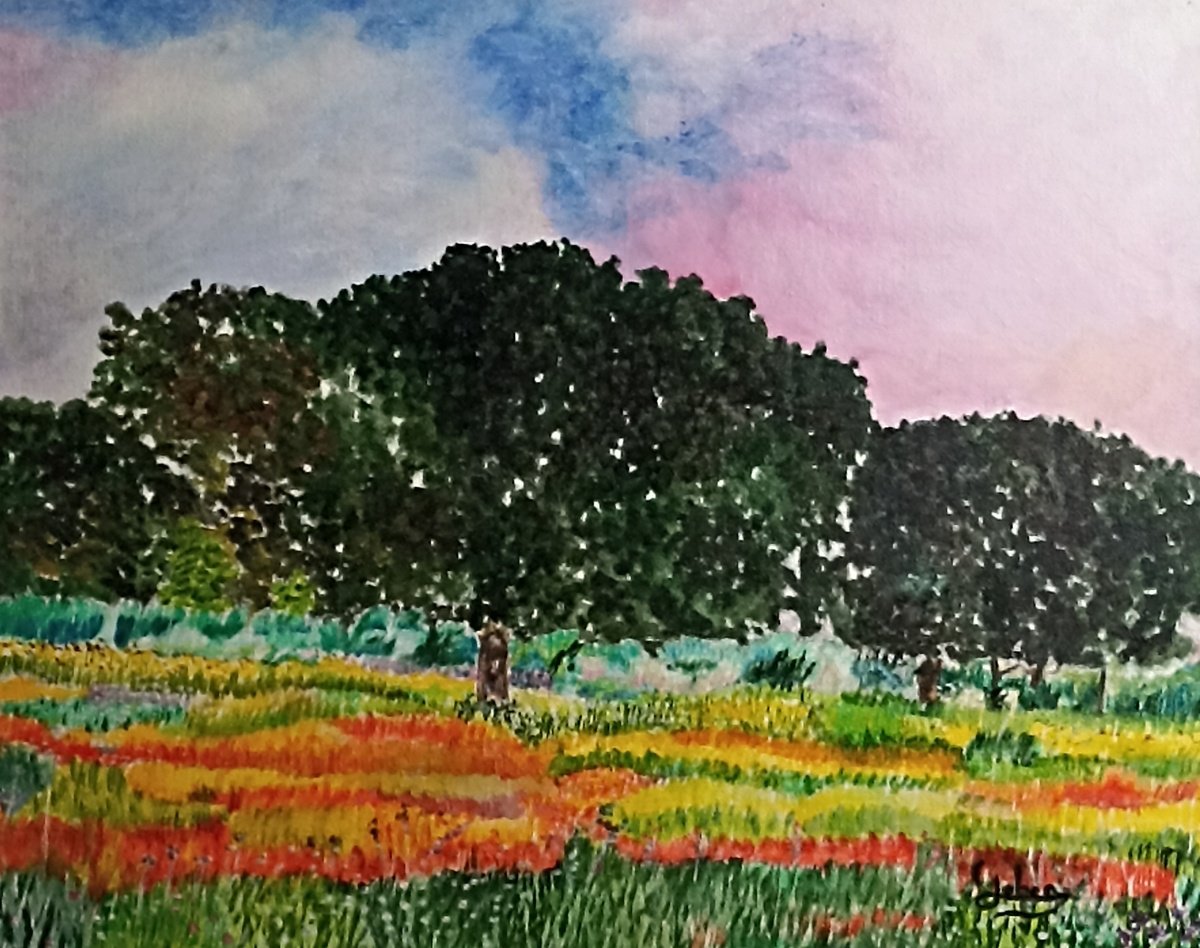 Impressionistic Landscape Oil Painting By Isabelle Lucas, 16 X 13, Colored Countryside, Original Artwork