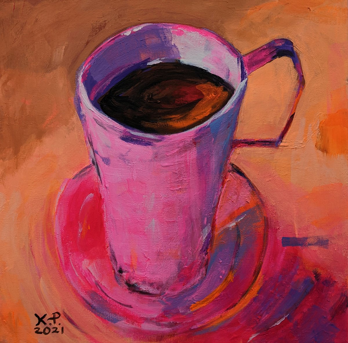 Impressionistic Still Life Acrylic Painting By Kasia Pawlak, 14 X 14", English Breakfast, Original Artwork