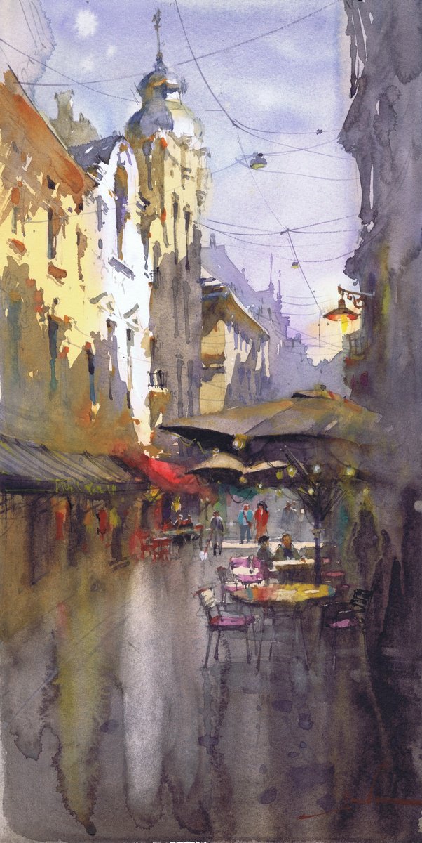 Expressive Cityscapes Watercolour By Samira Yanushkova, 8 X 16", Quiet Street With Cafes, Original Artwork
