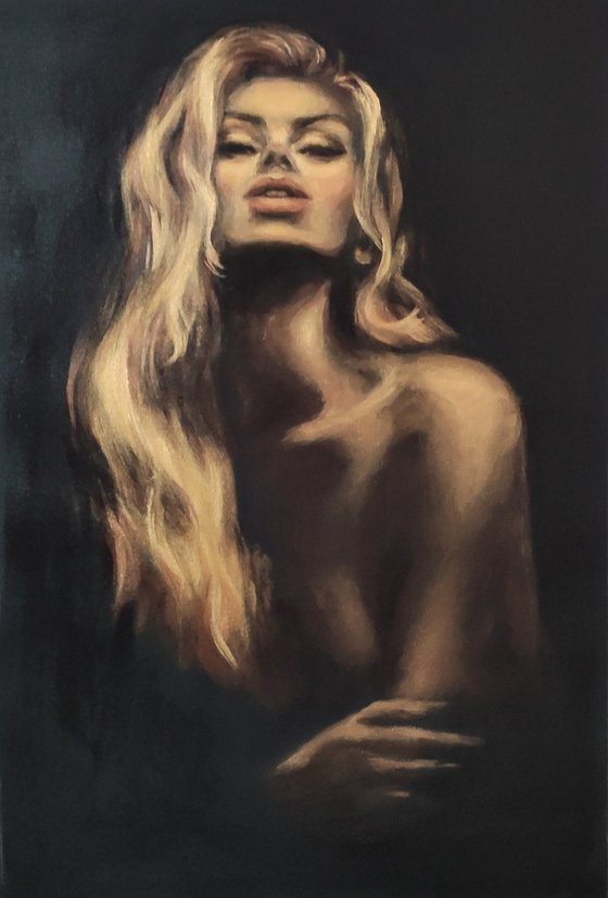 Erotic Art Sexy Woman Portrait Black and Gold Original Acrylic Painting