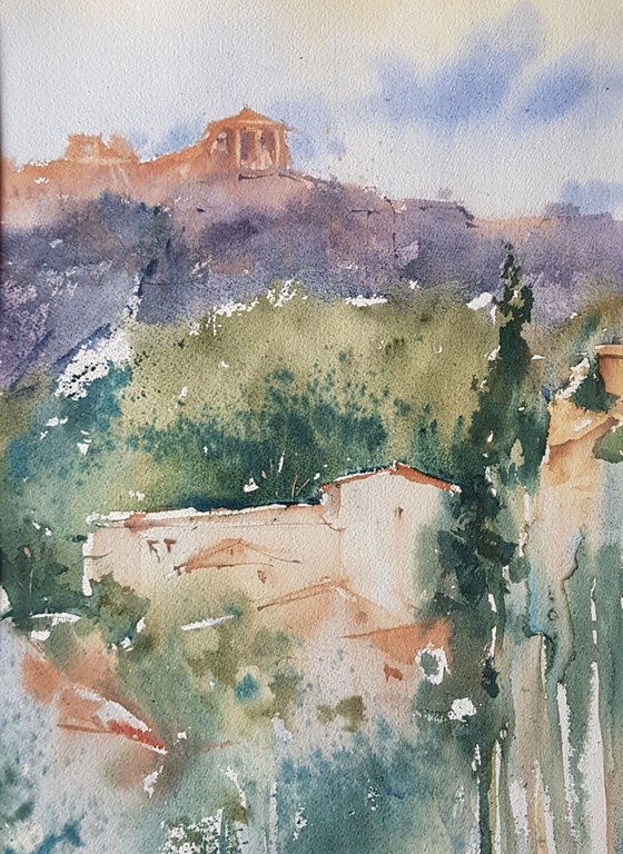 Watercolor landscape. Acropolis. Athens