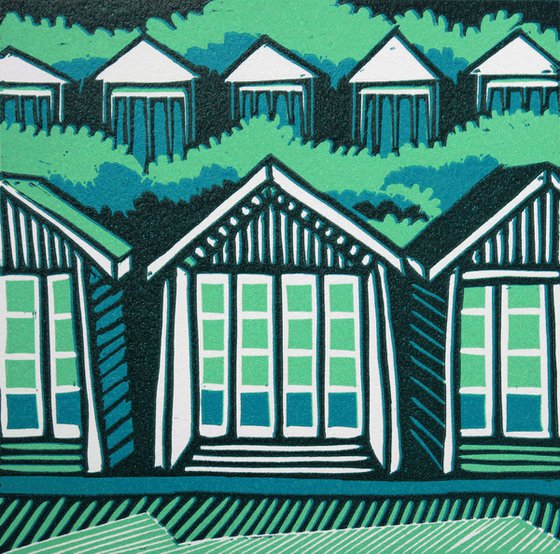 Beach Huts, signed original linocut print, Artist's Proof