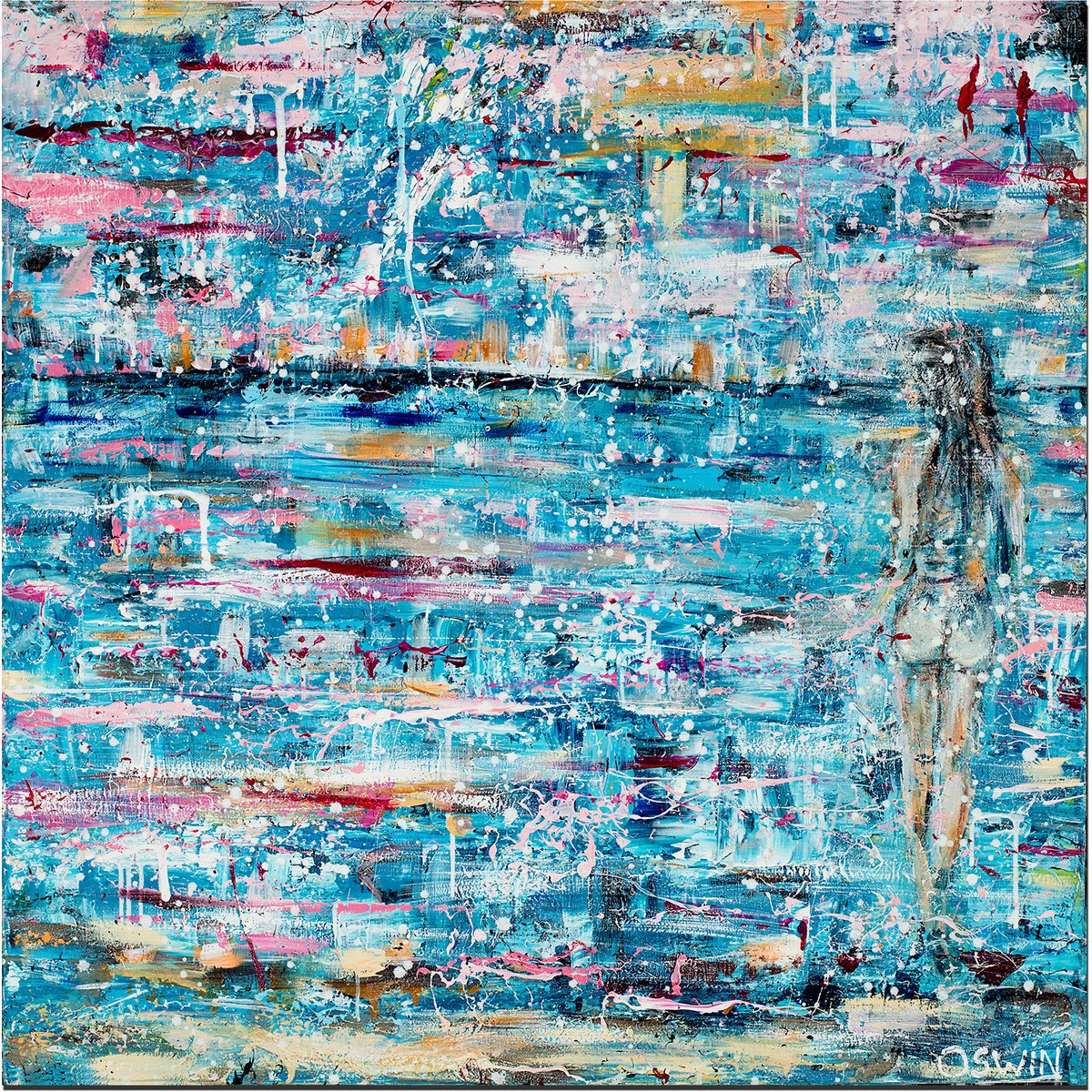 Expressive Portrait Acrylic Painting By Oswin Gesselli, 39 X 39", The Sea Is Always There For Me - Sea Painting Female Nude 100 X 100 Cm By Oswin Gesselli, Artfinder