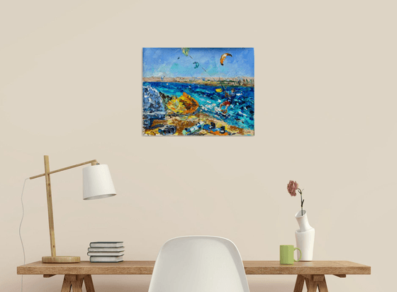 Kitesurfing - Spot atmosphere, 47*37cm, impressionistic oil impasto landscape painting