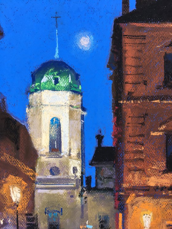 Night lights Ukrainian city of Lviv. Soft pastel drawing 25.5х12.7 inch (65x32.5 cm)