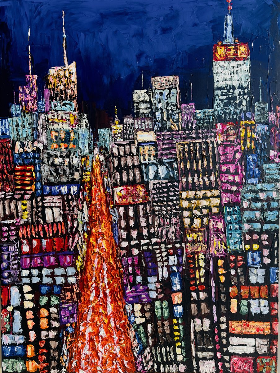 Expressive Cityscapes Acrylic Painting By Elena Adele Dmitrenko, 36 X 48, New York, New York!, Original Artwork