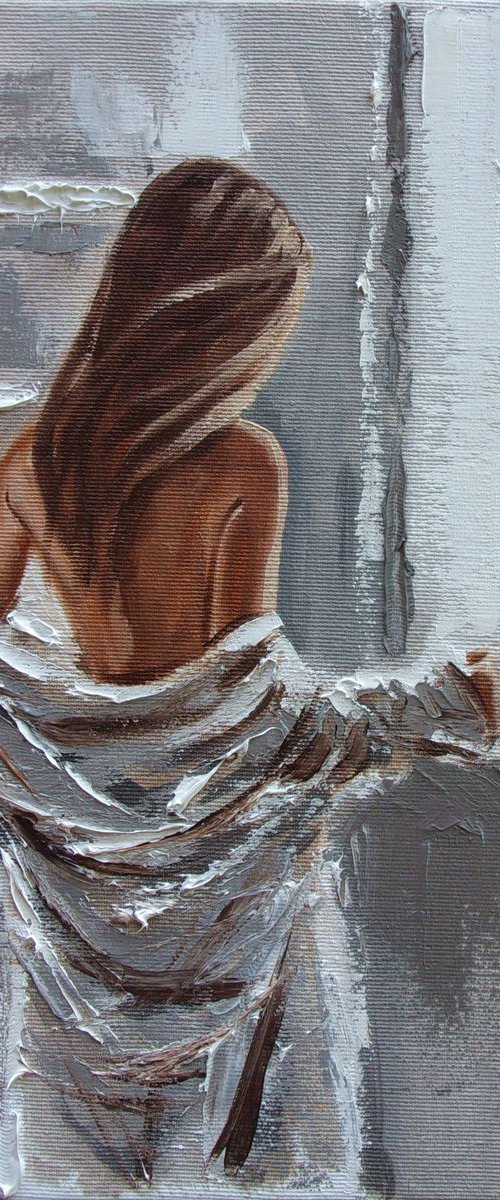 " THANKS FOR COFFEE ... " original painting Summer window spring palette knife GIFT by Monika Luniak