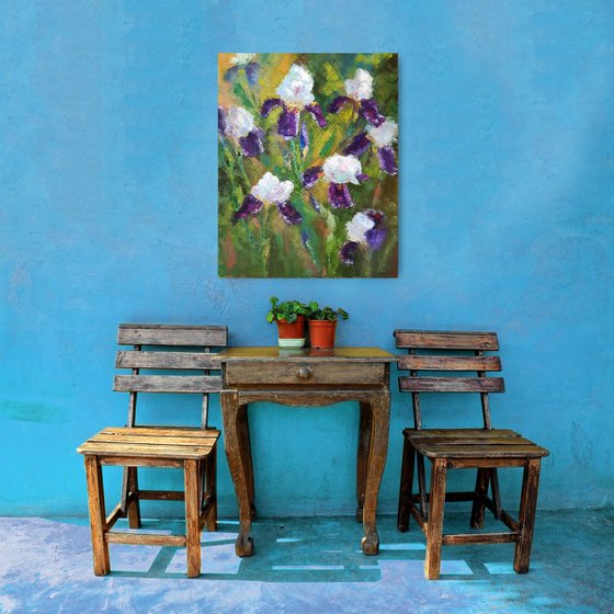 Irises - summer mood, bright picture, oil painting, home decor, original gift.