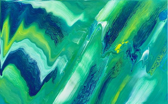 "Is My Reality Running?" - Original Abstract PMS Fluid Acrylic Painting on a Recycled Desk Panel - 23.5 x 14.5 inches