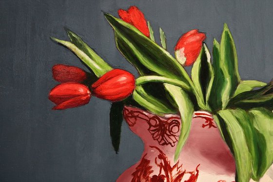Red Tulips in a Red Tulip Pitcher