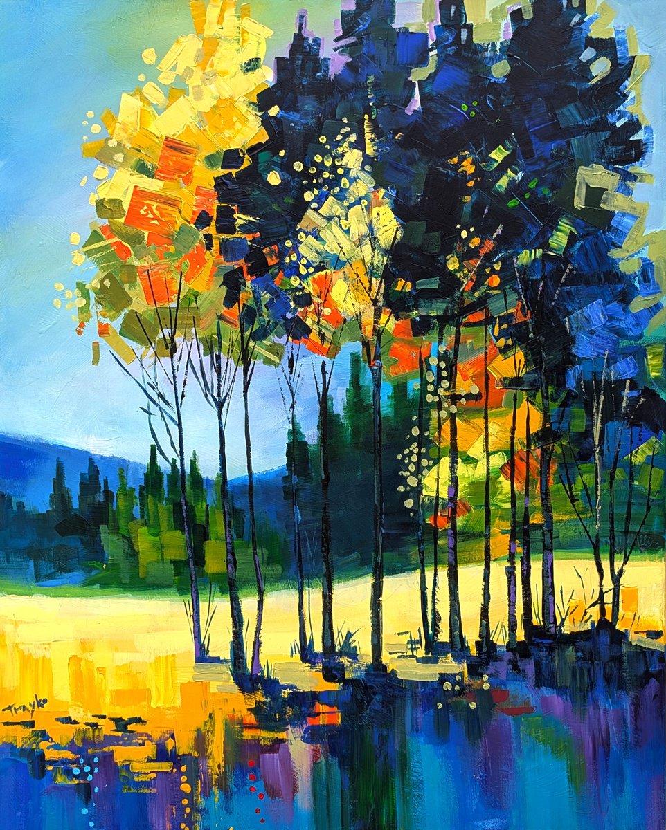Abstract Landscape Acrylic Painting By Trayko Popov, 31 X 39", Forest Dreams, Original Artwork