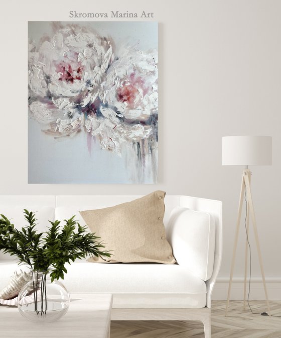 AIR KISS - Peonies. White. Tenderness. Ease. Charm. Abstraction. Pastel shades.