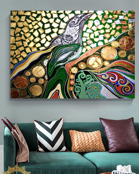 Forest bird - green large abstract painting