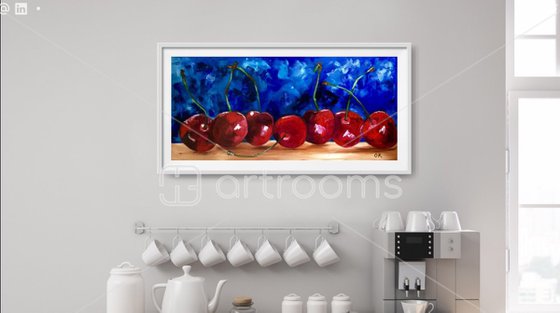 Sweet Cherries. Still life. Ultramarine blue and variations of red colors palette knife oil painting